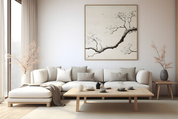 modern living room art, white Fabric sofas, and pillows against wall with poster frame. soft and dreamy atmosphere