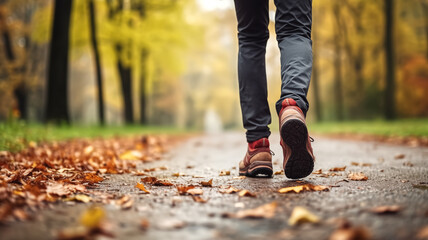 Close up of woman legs walking in autumn park. Sport, fitness and healthy lifestyle concept