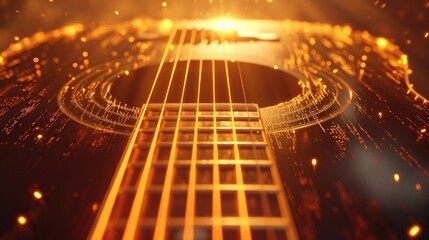 Bathed in a warm glow the strings of a guitar come to life illuminating the fretboard and casting a ethereal aura in their wake