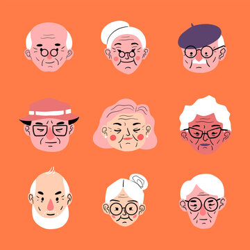 Faces of old men and women over 70 years old. Old people cartoon avatars set. Isolated vector illustration of diverse senior characters.