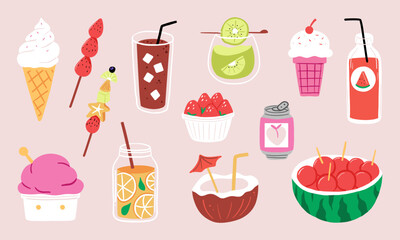Variant summer food and drink. Set of cute summer icons: Fruit, Juice, Ice cream, Drink. Bright summertime poster. Collection of scrapbook elements for beach party.
