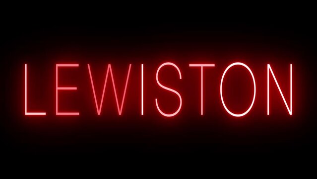 Flickering red retro style neon sign glowing against a black background for LEWISTON