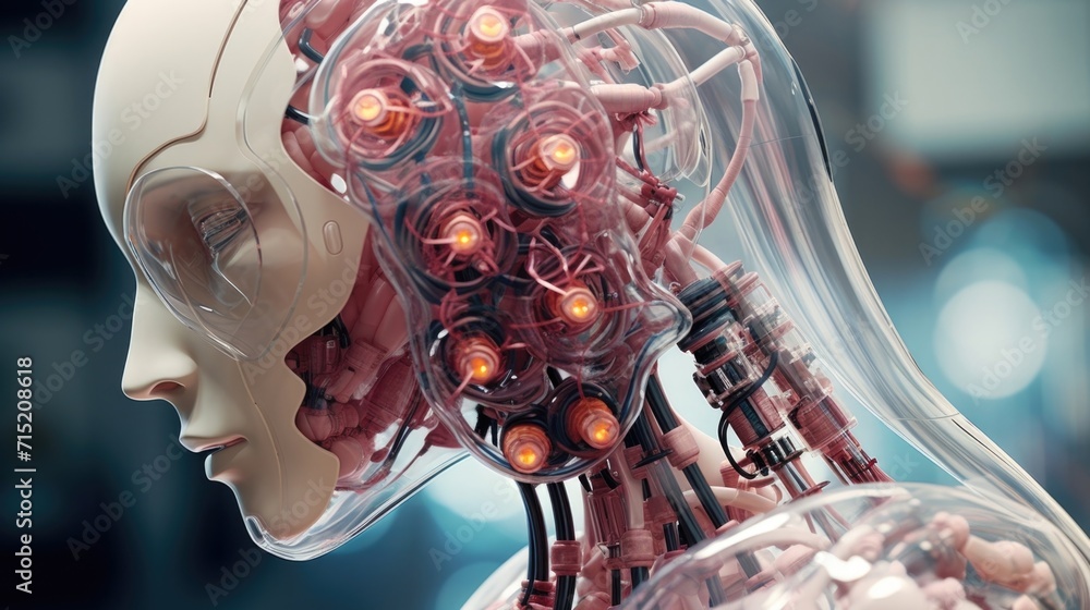 Poster a detailed closeup of a custombuilt biohybrid robot, with its intricate network of living cells and 