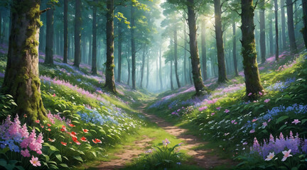 A beautiful view in the middle of a forest filled with colorful flowers with a fast flowing river. beautiful forest wallpaper with anime style