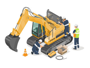 excavator backhole repair isometric Construction machine engineer maintenance team work service training concept