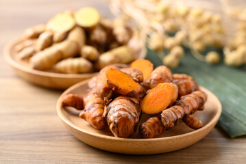 Fresh turmeric yellow and white color, Spice in Asian cuisine