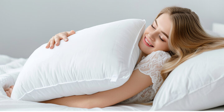 a smiling wonderful blond girl embracing her white big pillow, generative AI