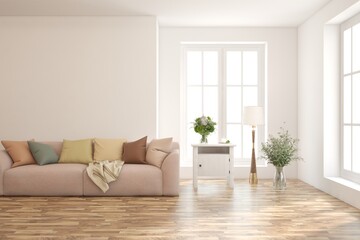 Interior design of modern apartment. Interior mockup. Scandinavian interior design. 3D illustration