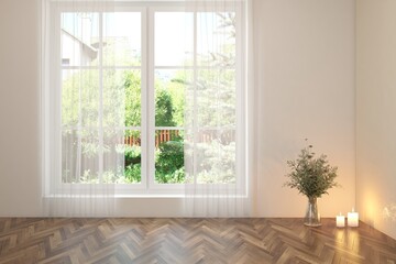 White empty room with summer landscape in window. Scandinavian interior design. 3D illustration