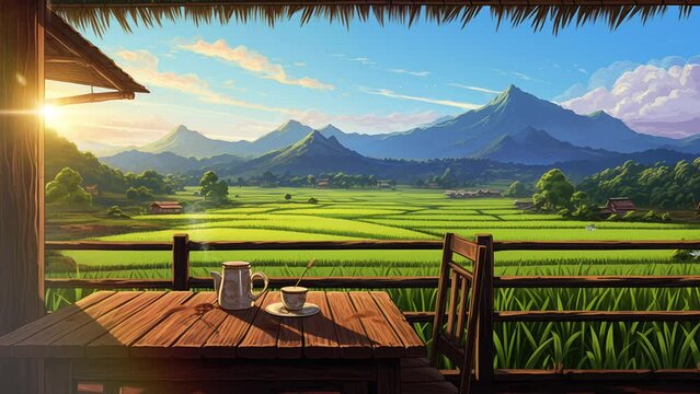 Animated illustration of a cup of drink with a view of rice fields in the morning. Illustration of a view of rice fields with a mountain background. Background animation.