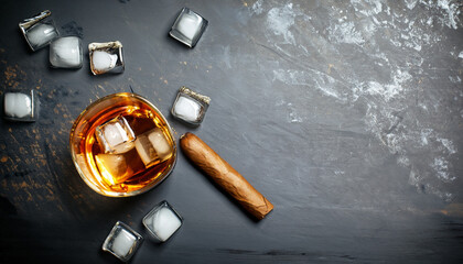 Whiskey with ice and cigar. Top view with copy space. high-quality photo
