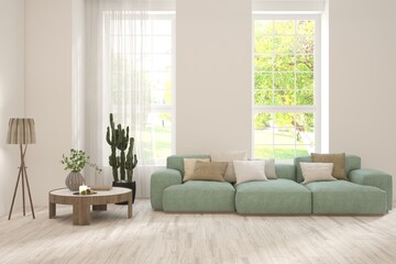 Contemporary classic white interior with furniture and decor and summer landscape in window. Scandinavian interior design. 3D illustration