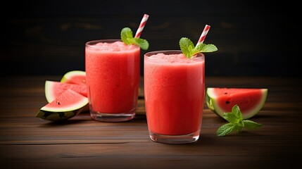 Two inviting glasses of watermelon smoothie, each with a striped straw and a mint garnish, presented amidst slices of fresh watermelon on a wooden table.