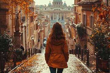Traveler woman exploring city young vacationer embracing person journey female lifestyle in summer architecture and town backpack and hat for street adventures beautiful landmarks in old building