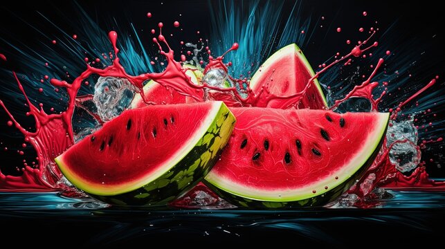 Artistic image capturing an explosive splash of watermelon juice and pieces, with dynamic droplets and swirling water against a contrasting black backdrop.
