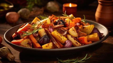 Foto op Plexiglas A symphony of autumnal flavors awaits as roasted root vegetables take center stage. Enchanting with their deep caramel hues, forktender carrots, earthy tur, and rustic orange acorn squash © Justlight