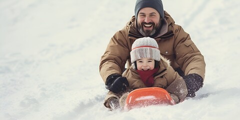 A man and his son tobogganing down a snowy hill , man, son, tobogganing, snowy hill - obrazy, fototapety, plakaty