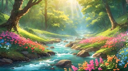 A beautiful view in the middle of a forest filled with colorful flowers with a fast flowing river. beautiful forest wallpaper with anime style - obrazy, fototapety, plakaty