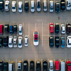 Overhead shot of a car parked at an outdoor parking lot, representing the used car for sale and rental service, car insurance background, and car dealership concept. It showcases the bustling automoti