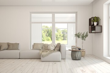 Contemporary classic white interior with furniture and decor and summer landscape in window. Scandinavian interior design. 3D illustration