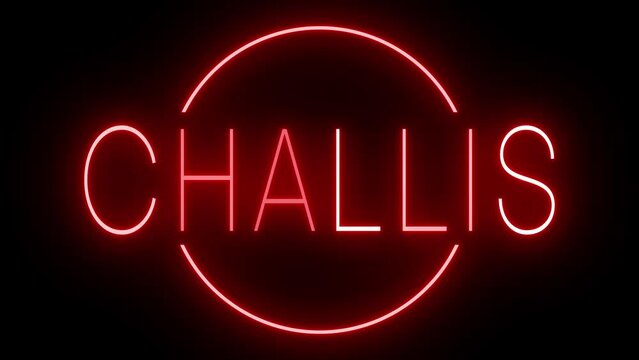Flickering red retro style neon sign glowing against a black background for CHALLIS
