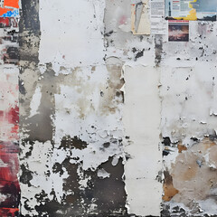 Close-up shot of a wall covered in white textured wheatpaste street posters, creating a raw and urban background.