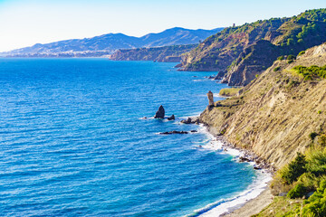 Spanish coast landscape, cliffs in Andalusia. - obrazy, fototapety, plakaty