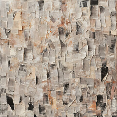 Abstract composition of meticulously arranged and glued torn newspaper pieces, showcasing the texture and patterns created by the overlapping layers and torn edges.