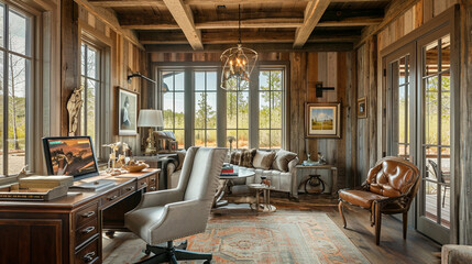 Interior of a rustic home office . Ai Generative - obrazy, fototapety, plakaty