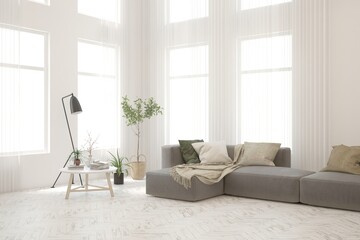 White living room with sofa. Scandinavian interior design. 3D illustration
