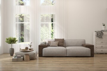 White living room with sofa and summer landscape in window. Scandinavian interior design. 3D illustration