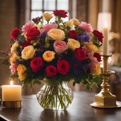 still life with flowers
A Romantic Evening Wedding Reception
bouquet of flowers
colorful wedding bouquet in a gold vase on the Desk, near the white candle and decorations
