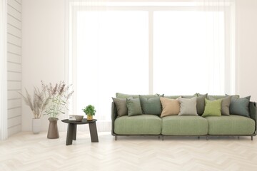 White living room with sofa. Scandinavian interior design. 3D illustration