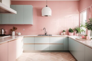 Scandinavian Interior home design of kitchen with pastel pink herringbone tile backsplash