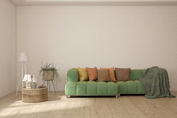 White scandinavian interior design with sofa. 3D illustration