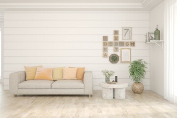 White living room with sofa. Scandinavian interior design. 3D illustration