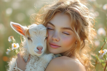 A young woman cuddling a pet goat in beautiful soft light