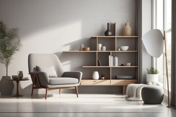 Scandinavian Interior home design of living room with gray armchair and wooden shelves
