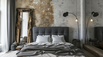 King-size bed with gray square headboard, large rustic wooden mirror. Ai Generative