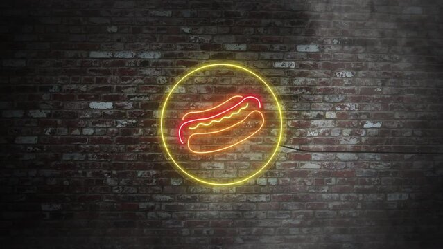 Hot dog neon signboard on bricks wall background. Hot dog logo or symbol in yellow and red neon colors. Neon signboard with hot dog logo design.