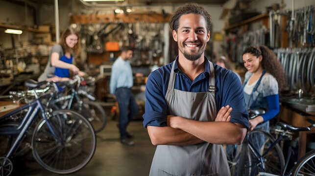 A mechanic fixing a bicycle looking at the gears , mechanic, fixing, bicycle, gears