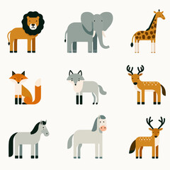 Vector illustration set of animals in flat style. Wild animals characters