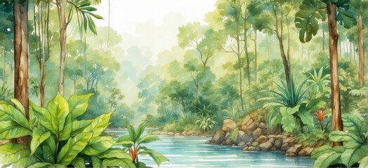tropical green forest side river watercolor illustration wide banner