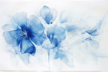 Flower print, cyanotype, sunlight, watercolor paper. Generative AI