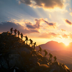 A panoramic view of a diverse team of people holding hands and triumphantly embracing each other as they conquer the mountain top during a stunning sunset.