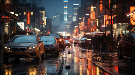 city at night, bustling city street, hyper-detailed, cinematic color, natural and artificial mixed...