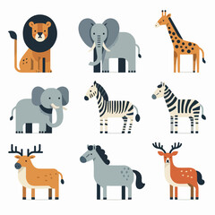 Vector illustration set of animals in flat style. Wild animals characters