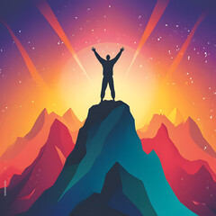 Vibrant and dynamic generative AI illustration of a man celebrating on a mountain top, symbolizing positivity, success, and the joy of reaching new heights.