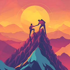 Generative AI illustration showcasing the power of teamwork as a man extends his hand to help his friend conquer the mountain top.