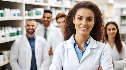 A pharmacist in a pharmacy looking at the camera , pharmacist, pharmacy, looking at camera